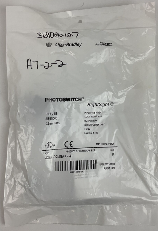 ALLEN BRADLEY 42EF-D2MNAK-F4 DIFFUSE SENSOR 0.5M (1.6FT) 10.8-30VDC REV 1.100