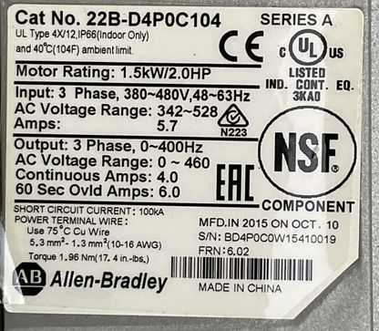 ALLEN BRADLEY 22B-D4P0C104 POWER FLEX 40 AC DRIVE FRN 6.02 OUTPUT 0-460VAC INPUT