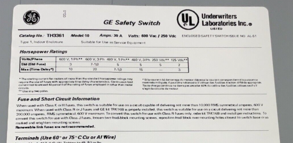 GENERAL ELECTRIC TH3361 SAFETY SWITCH MODEL10 30A 600VAC/250VDC TYPE1 INDOOR