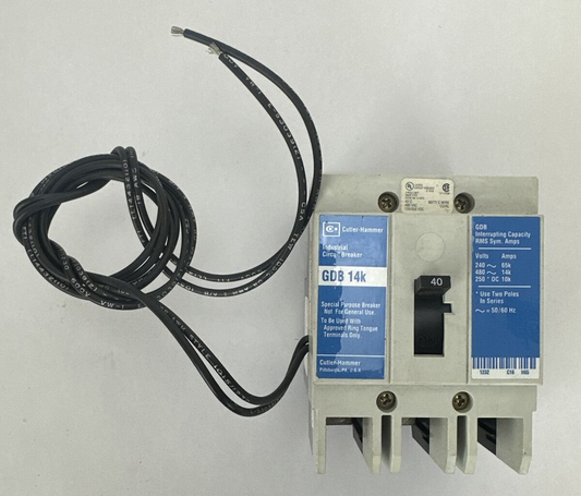 CUTLER HAMMER GDB3040 CIRCUIT BREAKER 480VAC 250VDC 3P 40A GDB 14K 1373D62G01