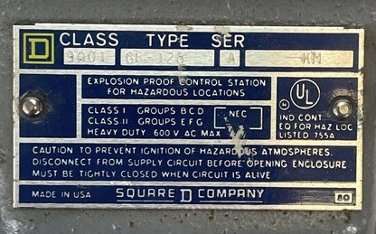 SQUARE D CLASS 9001 TYPE GR-128 SER A EXPLOSION PROOF CONTROL STATION LAMP 120V