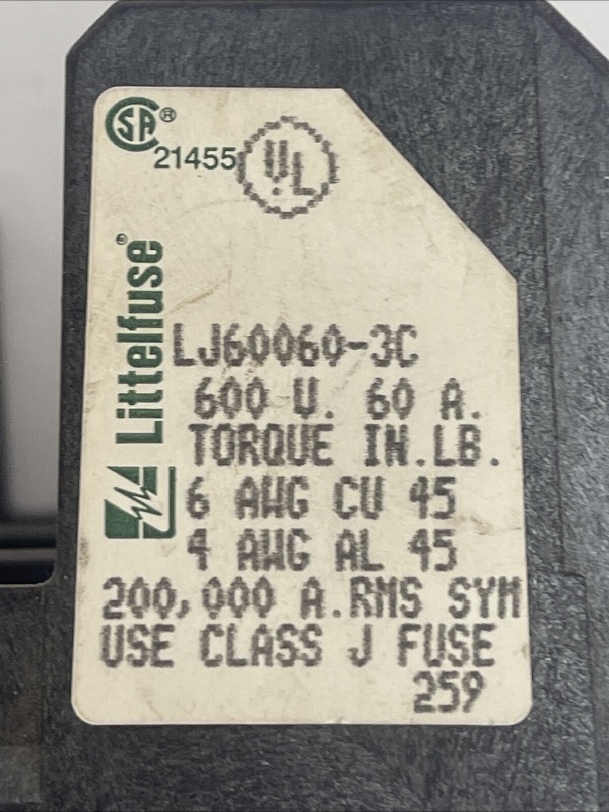 LITTELFUSE LJ60060-3C FUSE HOLDER 600V 60A USE CLASS J FUSE