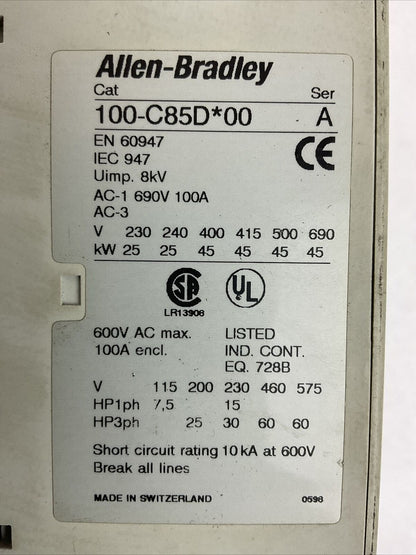 ALLEN BRADLEY STARTER (100-C85D*00 SER A CONTACTOR COIL 24VDC + 193-EA4KE RELAY)