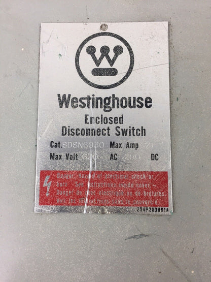 WESTINGHOUSE SDSN6030 DISCONNECT SWITCH 600 VAC 250 VDC 60 AMP 6 POLES