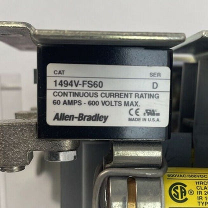 ALLEN BRADLEY DISCONNECT SWITCH 1494V-DS60 SER D 600VAC 250VDC 60A 15HP 1494V-FS