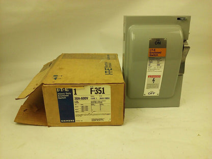 ITE SIEMENS F351, H.D. ENCLOSED SWITCH, 30A, 480/600V, 3P, FUSIBLE, 3PH, NEW