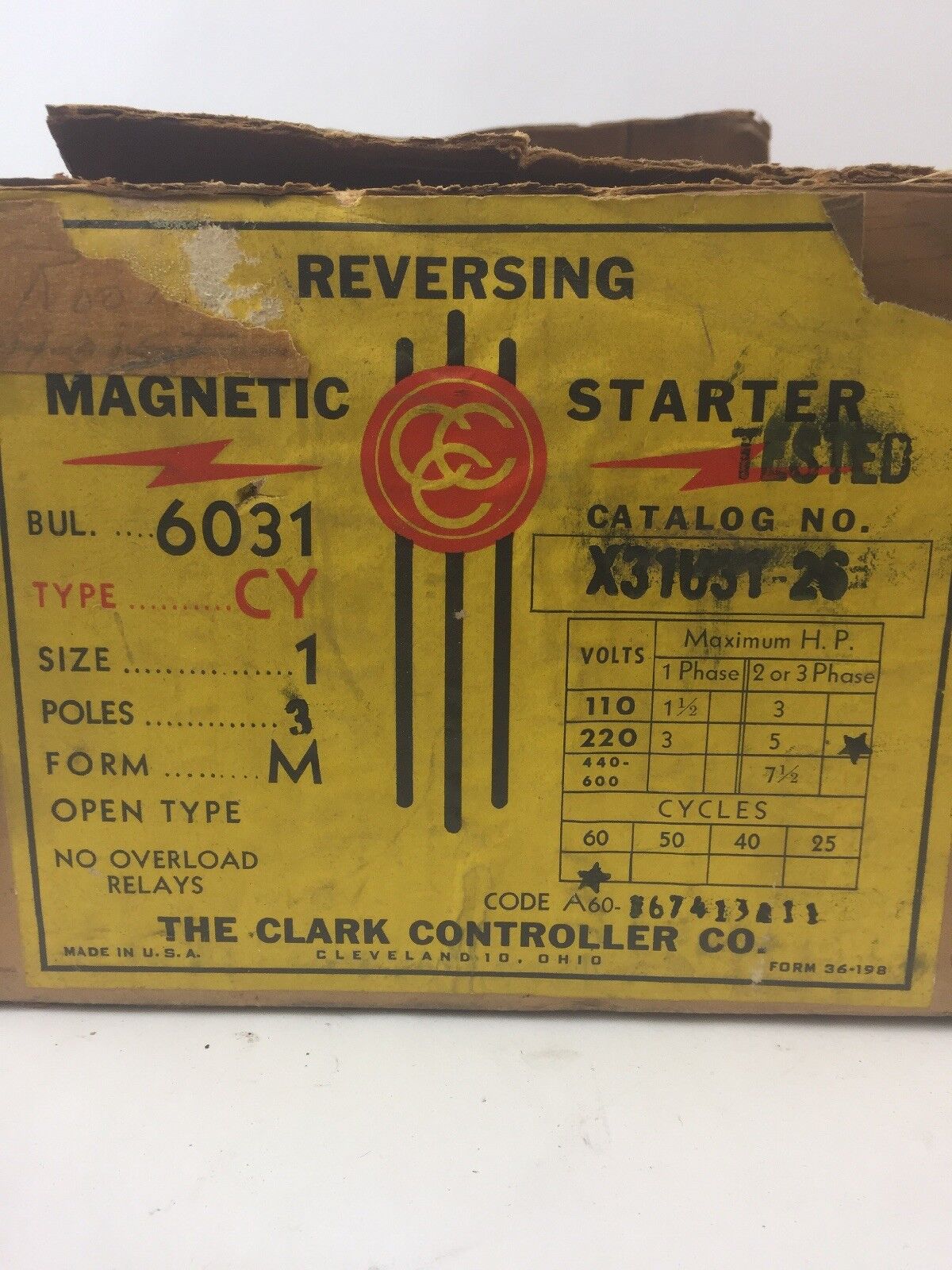 CLARK CONTROLLER X31U31-26 MAGNETIC REVERSING STARTER 600VAC SIZE 1 208/220V 60H