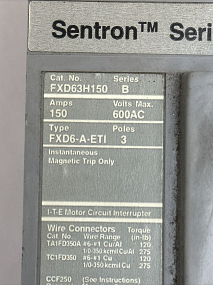 SIEMENS FXD63H150 SENTRON SERIES B CIRCUIT BREAKER 600VAC 3POLE 150AMP