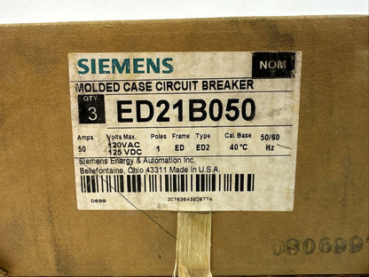 SIEMENS ITE ED21B050 MOLDED CASE CIRCUIT BREAKER 50A 1P 120VAC 125VDC (BOX OF 3)