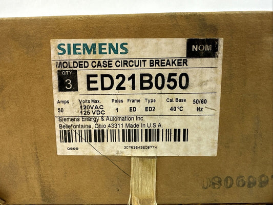 SIEMENS ITE ED21B050 MOLDED CASE CIRCUIT BREAKER 50A 1P 120VAC 125VDC (BOX OF 3)