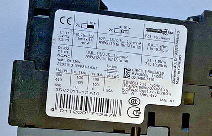 SIEMENS 3RV2011-1GA10 CONTACTOR 82A CLASS10 CAT.A 50/60HZ ***LOTOF2***
