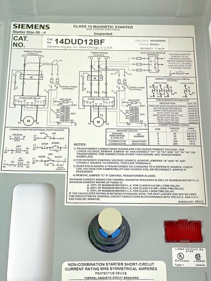 SIEMENS - 14DUD12BF - MAGNETIC STARTER - 1PH, 27 Amps, Nema Size 1, 120V Coil