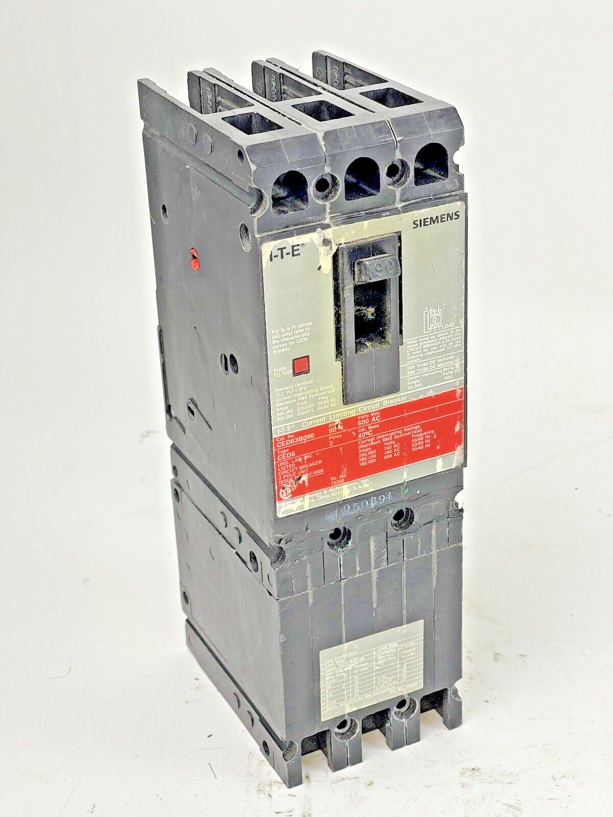 ITE - SIEMENS - CED63B090 - CIRCUIT BREAKER - 90 A, 600 VAC, 3 POLE, TYPE CED6