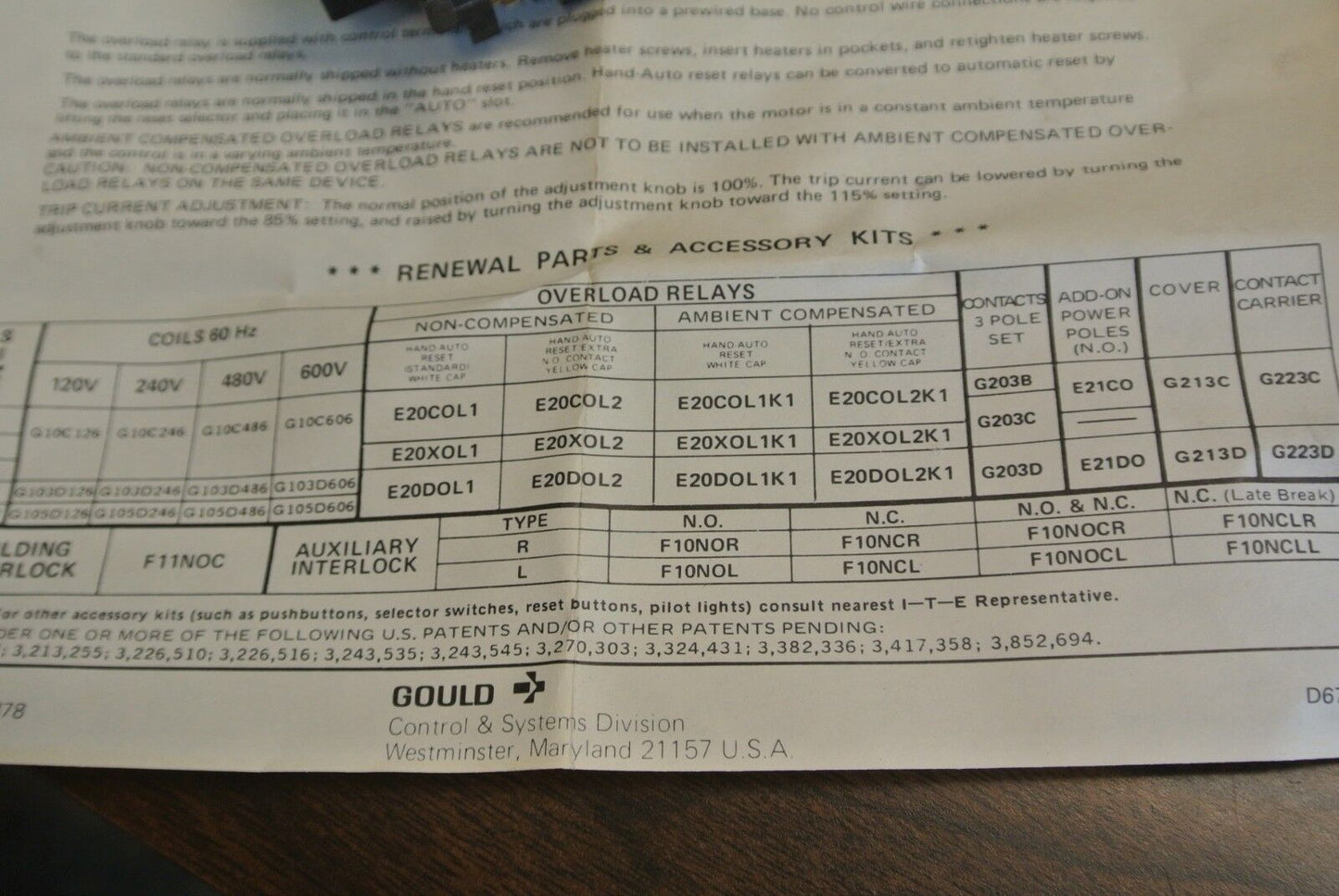 GOULD G223C REPLACEMENT KIT - CONTACT CARRIER - NEW SURPLUS - 3643-10983