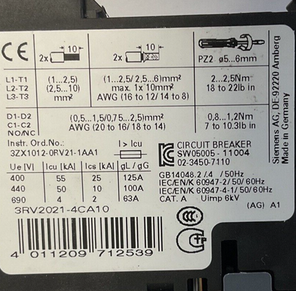 SIEMENS 3RV2021-4CA10 MANUAL MOTOR STARTER