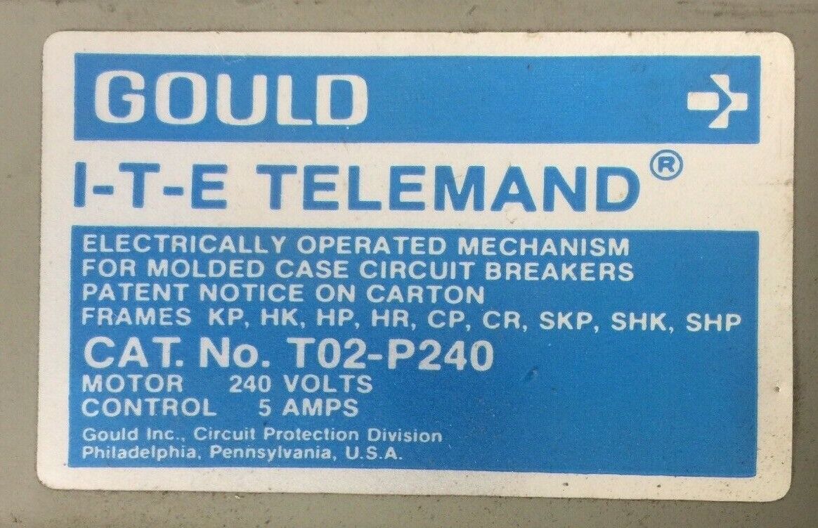 GOULD I-T-E TELEMAND T02-P240 240V 5A ELECTRICALLY OPERATED MECHANISM FOR MOLDED