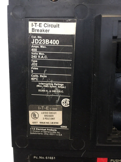 ITE JD23B400 CIRCUIT BREAKER 240 VAC 3 POLE 400 AMP TRIP MAG ADJ