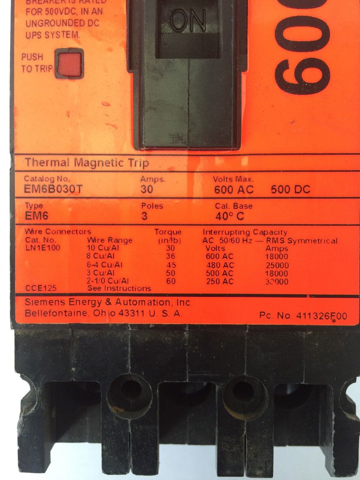 SIEMENS EM6B030T SENTRON STANDARD MINING DUTY BREAKER 30A 600VAC 500VDC 3 POLE