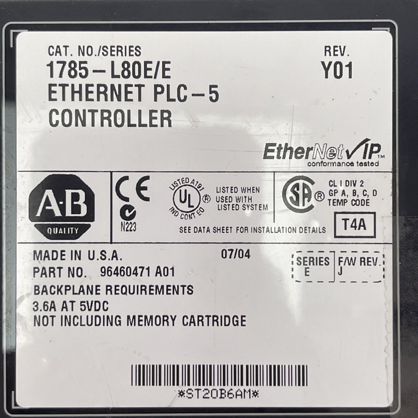 ALLEN BRADLEY 1785-L80E/E ETHERNET PLC-5 CONTROLLER REV Y01 SERIES E F/W REV J