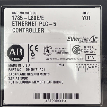 ALLEN BRADLEY 1785-L80E/E ETHERNET PLC-5 CONTROLLER REV Y01 SERIES E F/W REV J