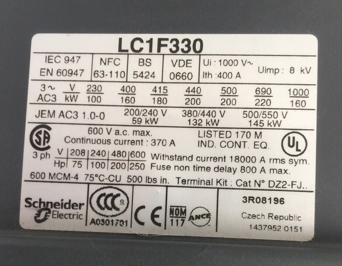 TELEMECANIQUE LC1F330 CONTACTOR 600VAC 370A 250HP LX1FH1102 110-115V 40-400HZ