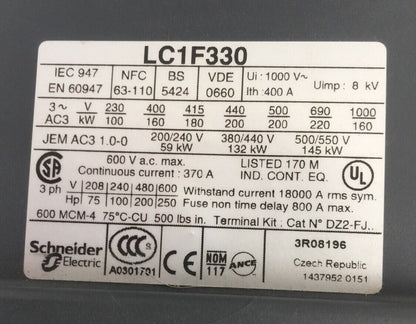 TELEMECANIQUE LC1F330 CONTACTOR 600VAC 370A 250HP LX1FH1102 110-115V 40-400HZ