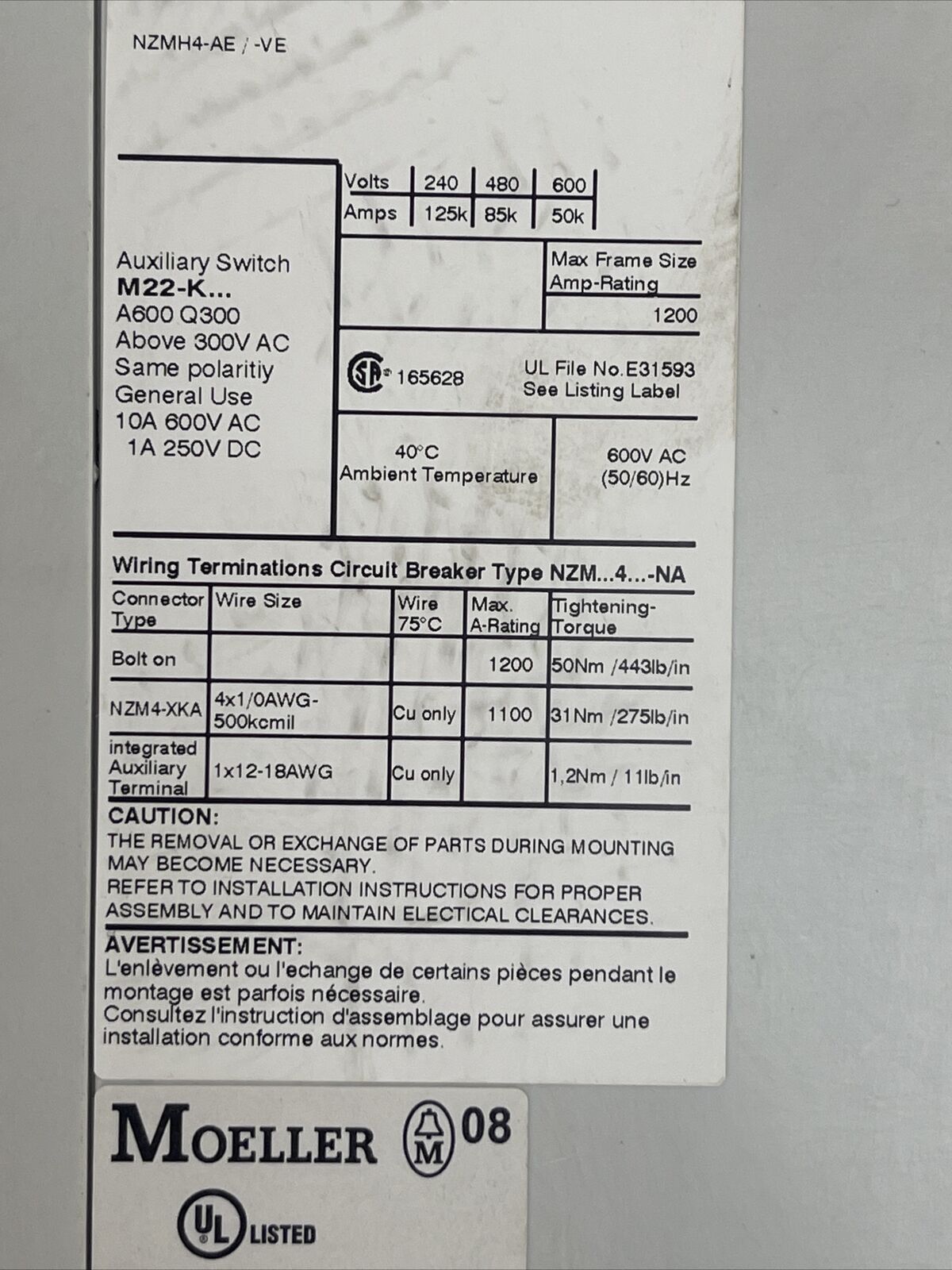 MOELLER NZM 4 CIRCUIT BREAKER 600VAC NZM H4-AE 800-NA 800A NZM4-XUHIV20 24VDC