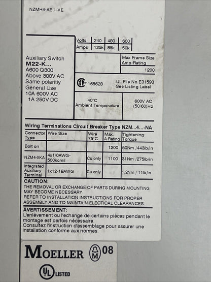 MOELLER NZM 4 CIRCUIT BREAKER 600VAC NZM H4-AE 800-NA 800A NZM4-XUHIV20 24VDC