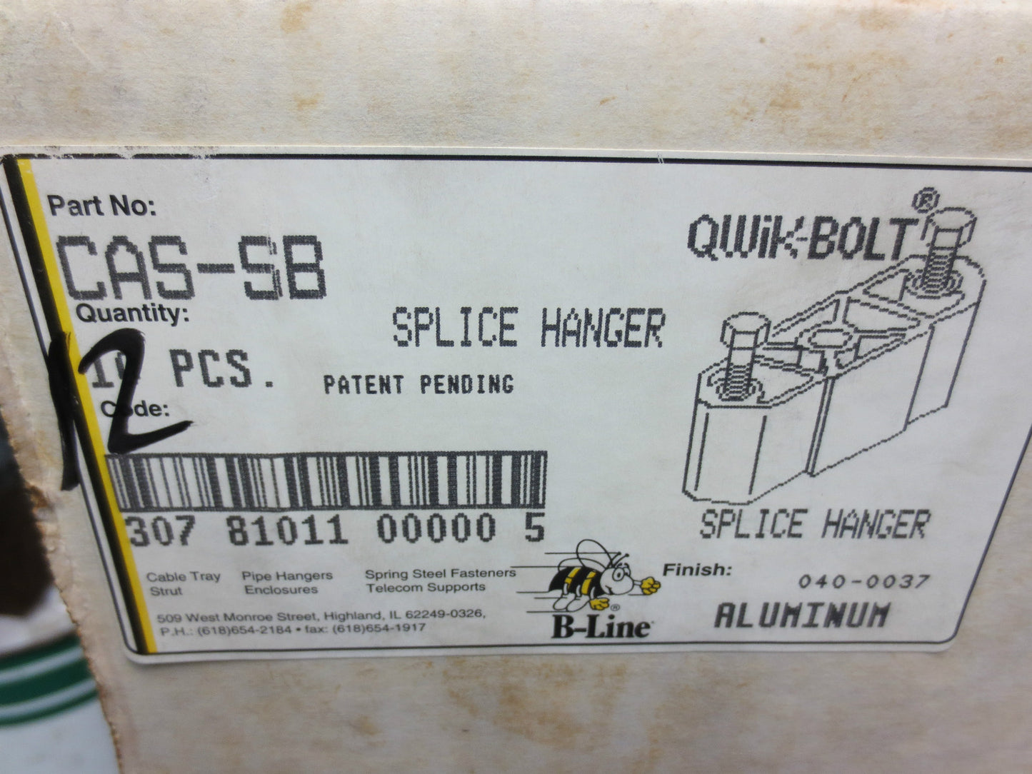 COOPER B-LINE CAS-SB SPLINE HANGER QWIK-BOLT - ALUMINUM - NEW SURPLUS