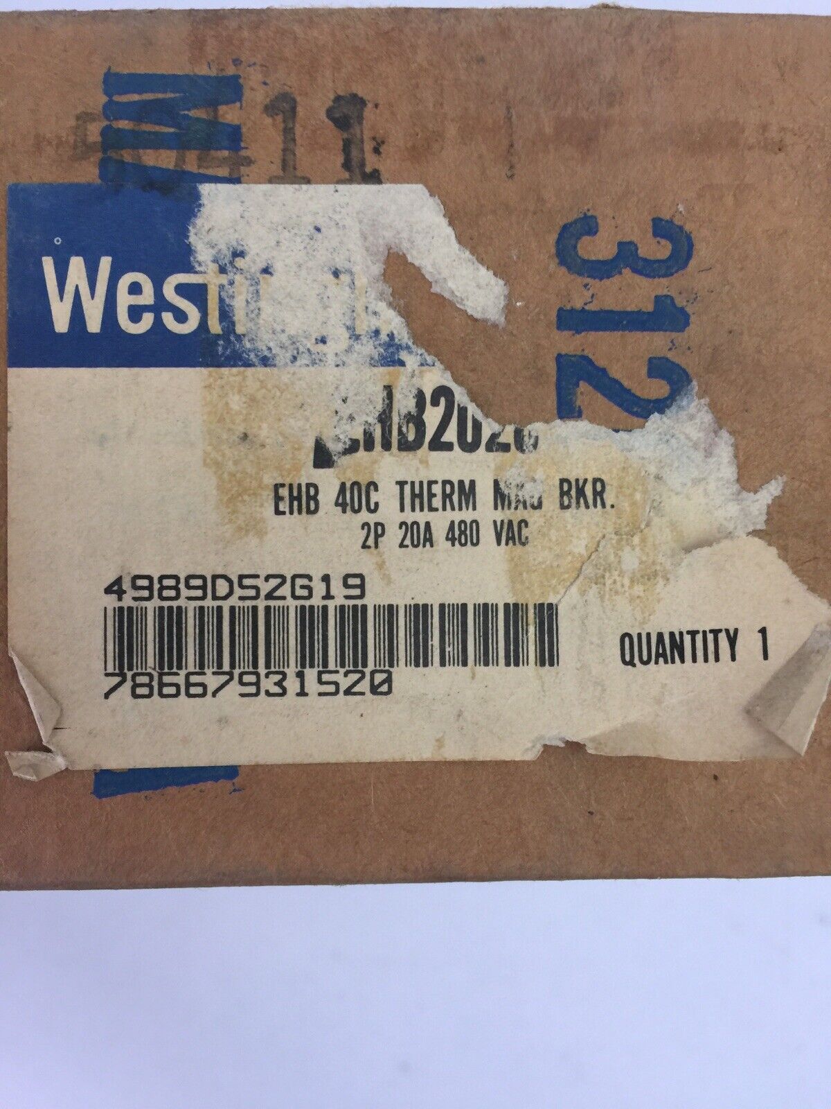 WESTINGHOUSE EHB2020 CIRCUIT BREAKER 20AMP 2POLE 480VAC 250VDC 4989D52G19