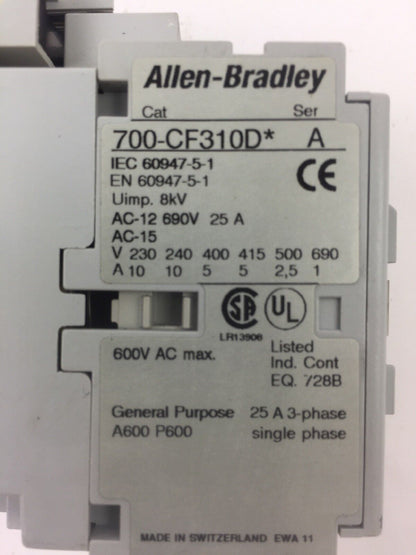 ALLEN BRADLEY 700-CF310D* CONTROL RELAY 600VAC 25 A WITH 100-FSD250 SURGE SUPRES