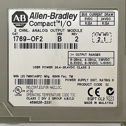 ALLEN BRADLEY 1769-OF2 SER B REV 2 F/W REV 2.1 2CH ANALOG OUTPUT MODULE COMPACT