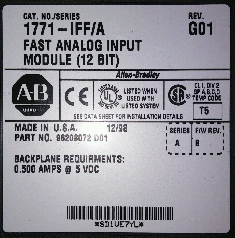 ALLEN BRADLEY 1771-IFF/A FAST ANALOG INPUT MODULE (12 BIT) REV. G01
