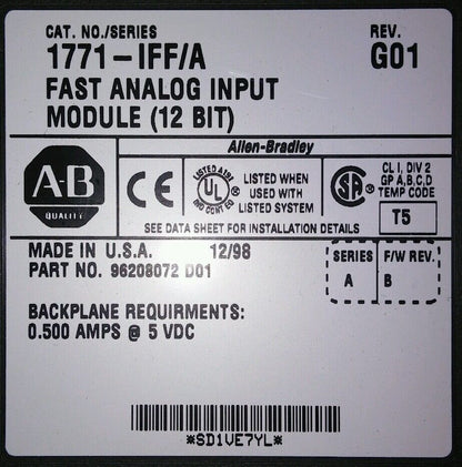 ALLEN BRADLEY 1771-IFF/A FAST ANALOG INPUT MODULE (12 BIT) REV. G01