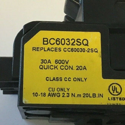 BUSS BC6302SQ 30A 600V FUSE HOLDER W/FERRAZ SHAWMUT DFC-7I FUSE COVERS(2)