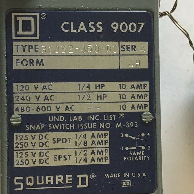 SQUARE D 9007 LIMIT SWITCH BODY 31032-450-03 SER.A 600VAC 10A JH