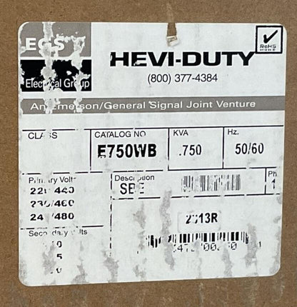 EGS HEVI-DUTY E750WB TRANSFORMER 0.750KVA PRIMARY 240/480V