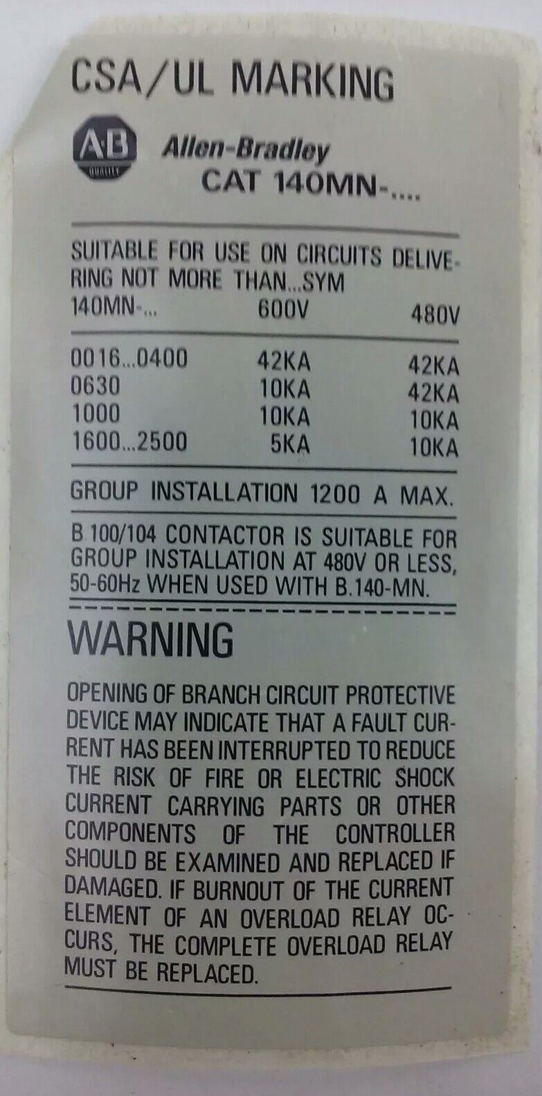 ALLEN BRADLEY 140-MN-0160, MANUEL MOTOR STARTER/ CIRCUIT BREAKER, 3PH, 600V,2.5A