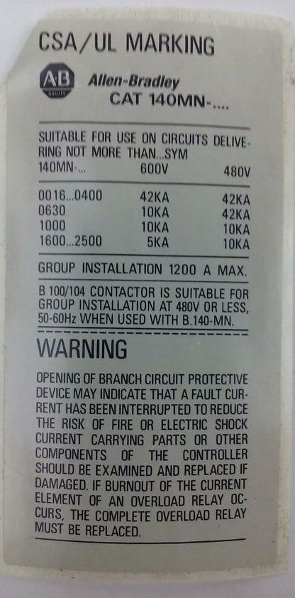 ALLEN BRADLEY 140-MN-0160, MANUEL MOTOR STARTER/ CIRCUIT BREAKER, 3PH, 600V,2.5A