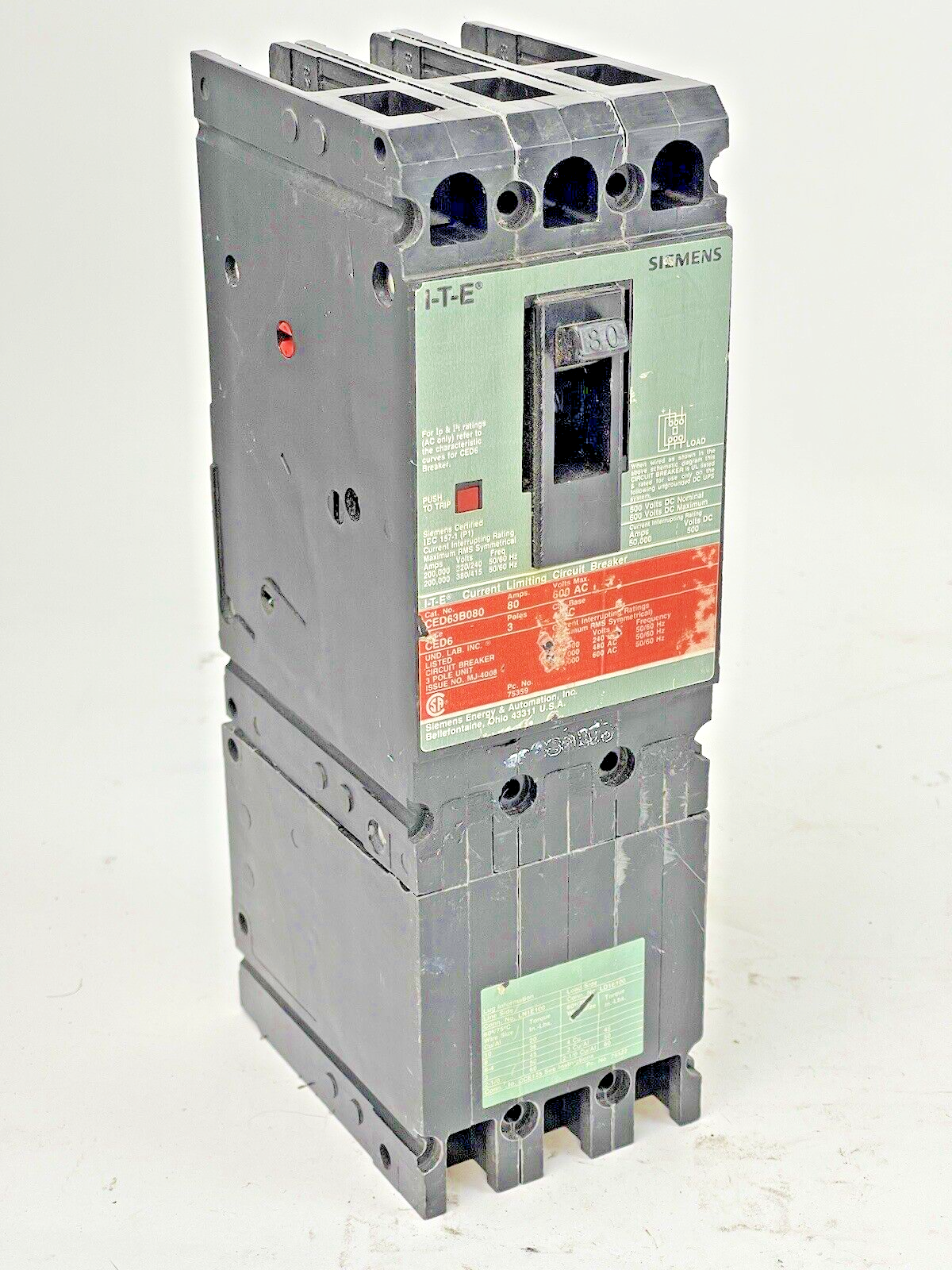 ITE - SIEMENS - CED63B080 - CIRCUIT BREAKER - 80 A, 600 VAC, 3 POLE, TYPE CED6