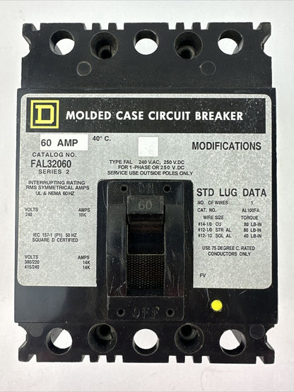 SQUARE D FAL32060 SER 2 CIRCUIT BREAKER 250VDC 240VAC 60AMP 3POLE