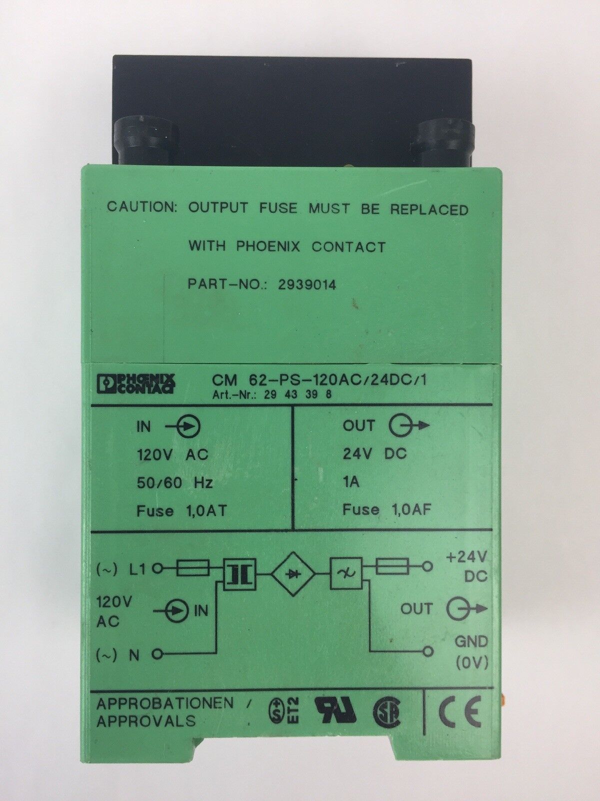PHOENIX CONTACT CM 62-PS-120AC/24DC/1 POWER SUPPLY IN 120VAC OUT 24VDC