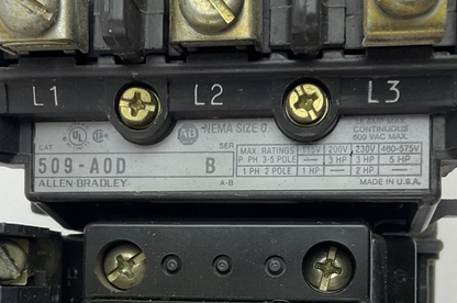 ALLEN BRADLEY 509-A0D STARTER SER.B W/CB236 COIL & AUX. CONTACT 595-A(2)