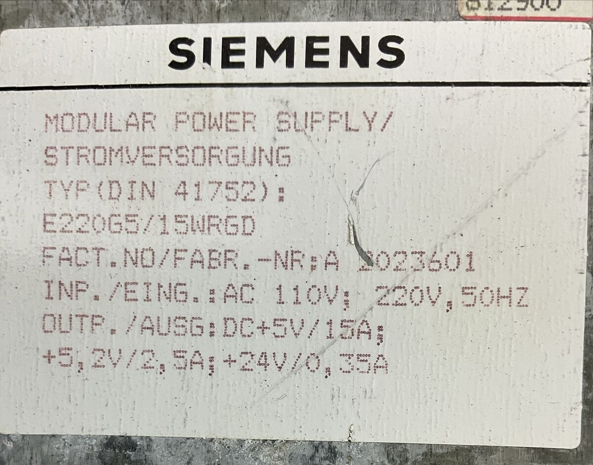 SIEMENS E220G5/15WRGD MODULAR POWER SUPPLY OUTPUT 24VDC 35A INPUT 110/220VAC
