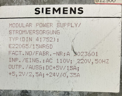 SIEMENS E220G5/15WRGD MODULAR POWER SUPPLY OUTPUT 24VDC 35A INPUT 110/220VAC
