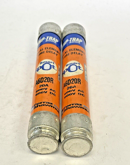FERRAZ SHAWMUT *LOT OF 2* - A6D20R - 20 AMP, 600 VAC, TIME-DELAY, DUAL-ELEMENT