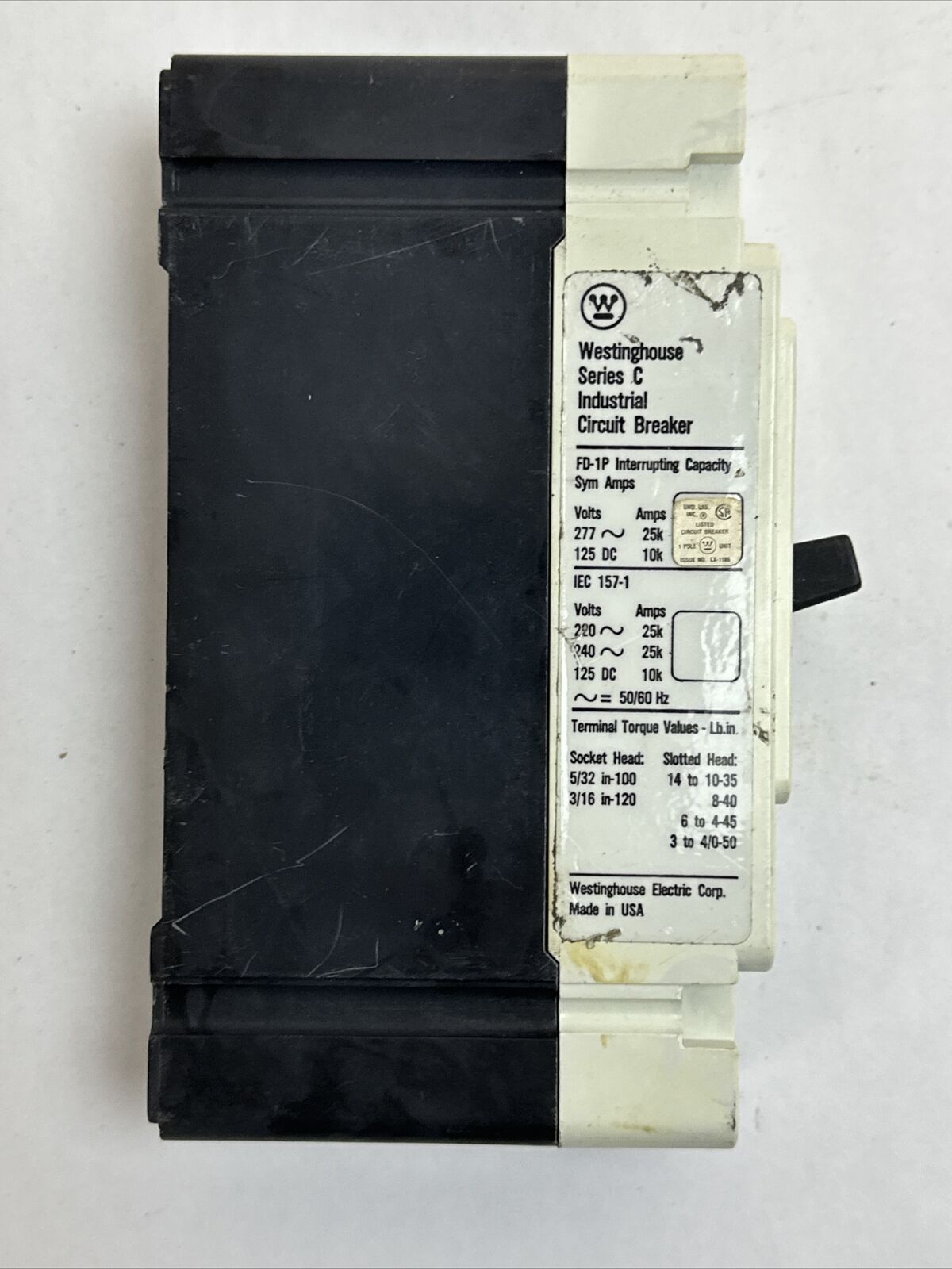 WESTINGHOUSE FD1015L CIRCUIT BREAKER 15AMP 277V-50/60HZ 125V-DC 1POLE 6629C91G04
