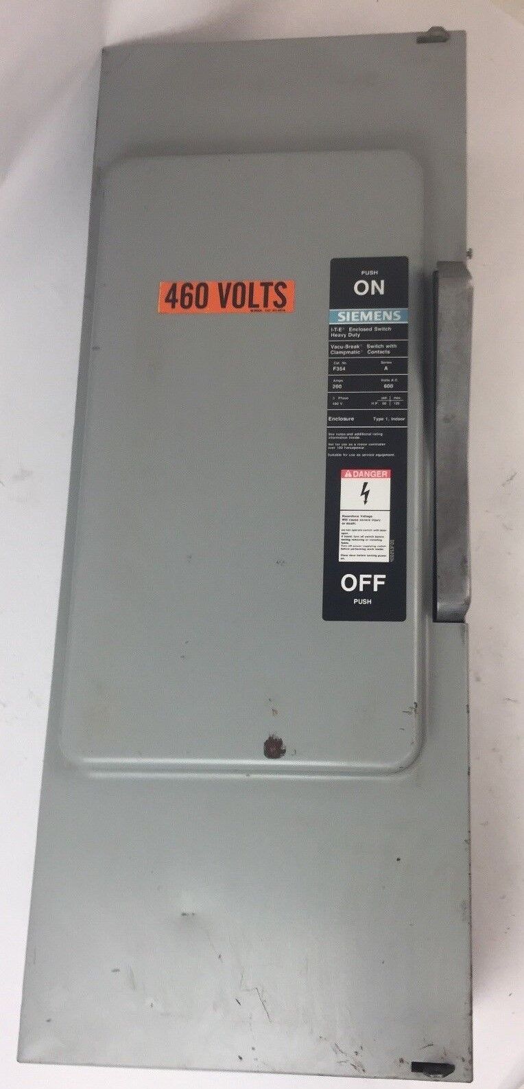 SIEMENS F354 VACU-BREAK SWITCH WITH CLAMPMATIC CONTACTS 200 AMP 600 VAC