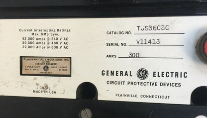 GE TJS3603G CIRCUIT BREAKER 600VAC 300A 3 POLE WITH MOUNTING HARDWARE