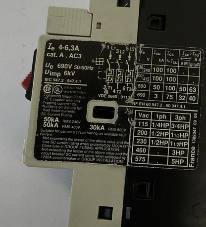 TELEMECANIQUE GV2-M10 MANUAL MOTOR STARTER 4-6.3A 690V 50/60HZ